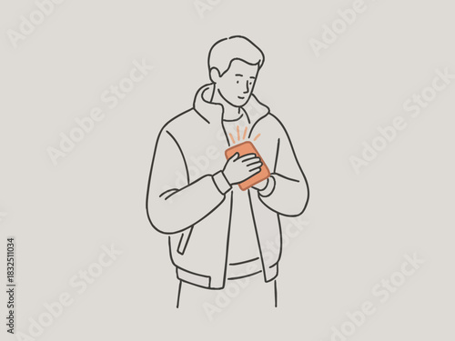 A simple illustration of a man warming himself with a hot water bottle.