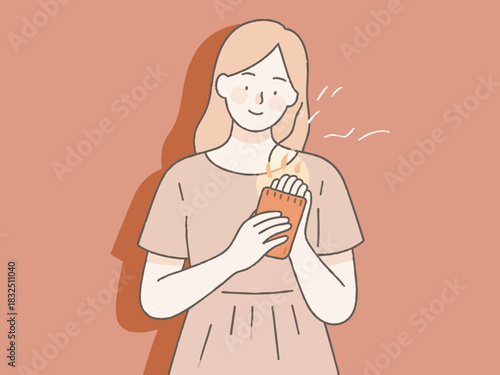 A simple illustration of a woman warming herself with a hot water bottle.