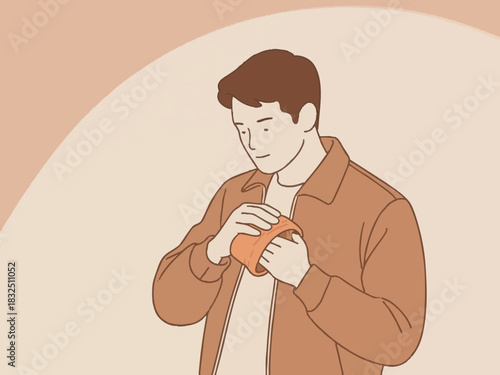 A simple illustration of a man warming himself with a hot water bottle.
