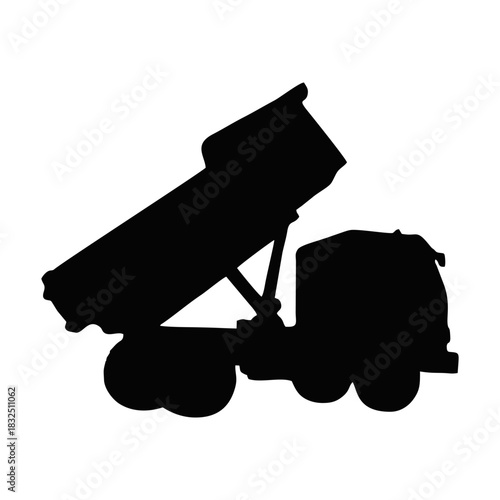 Black silhouette of a dump truck unloading soil, clean sharp edges