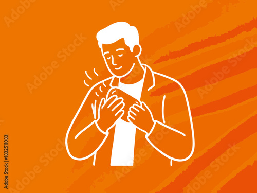 A simple illustration of a man warming himself with a hot water bottle.