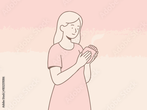 A simple illustration of a woman warming herself with a hot water bottle.