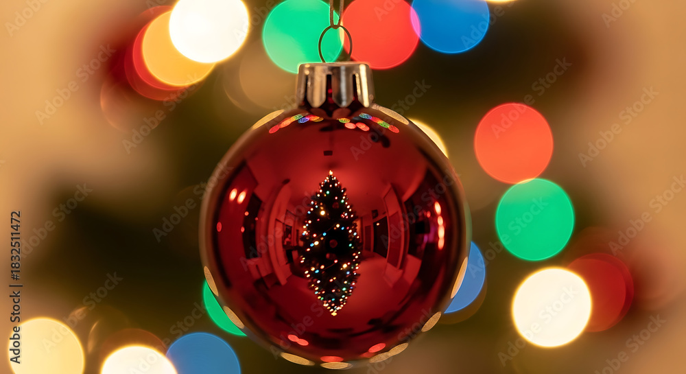 Fototapeta premium Detailed Macro Reflection of Illuminated Christmas Tree Inside Clear Glass Crystal Ball amidst Colorful Bokeh Lights