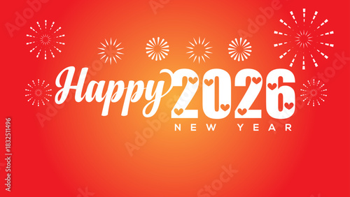 Vibrant red and orange background with festive fireworks celebrating happy 2026 new year