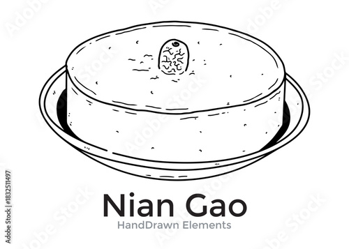 Black and white line art illustration of a Nian Gao cake on a plate, topped with a date, and the name "Nian Gao" below.
