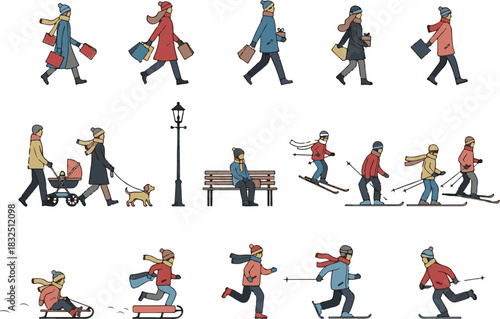 Winter Outdoor Activity Illustrations of People Shopping Walking Skiing and Playing