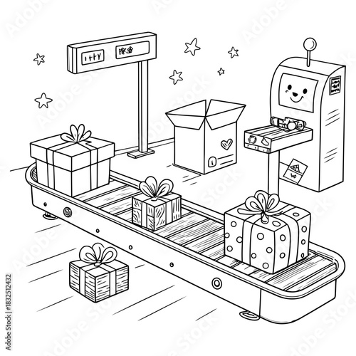 Black and white drawing of a conveyor belt with presents and a box and a robot with stars around it