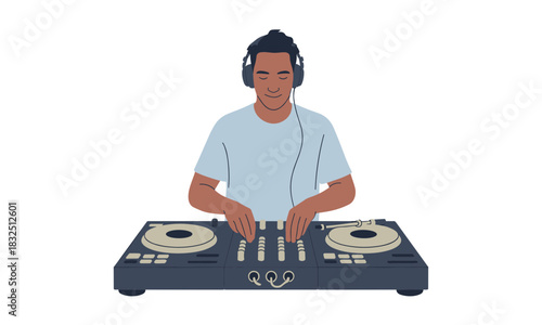 Young DJ mixing music with turntables and headphones, bringing the energy and vibes to your project with modern style, perfect for music culture concepts
