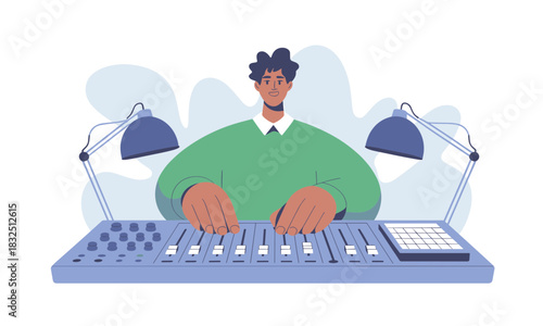 Sound engineer crafting music with mixing console, creating audio magic in a modern studio, perfect for media, music, and creative projects with professional flair