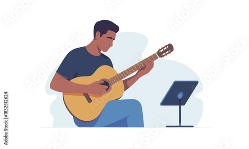 Passionate musician playing guitar, music stand nearby, artistic lifestyle scene, performing arts, creative inspiration, vector illustration, talent showcase