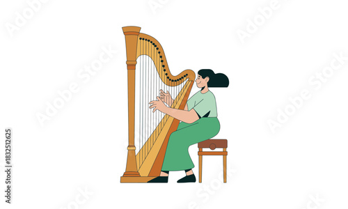 Graceful harpist playing a beautiful melody, creating a serene and peaceful atmosphere, perfect for relaxation or artistic inspiration in a modern setting