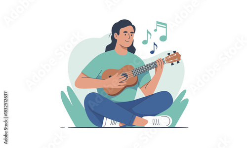 Relaxing vibes with a ukulele serenade, perfect for lifestyle blogs, music lessons, or showcasing creative hobbies, exuding calm and artistic expression