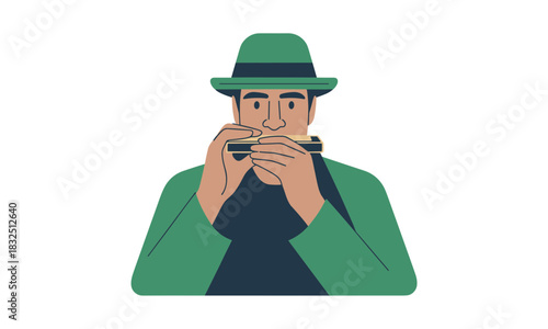 Stylish musician playing harmonica with passion, perfect for blues music event promotion, folk festival ads or artistic projects needing a musical vibe