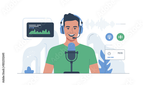 Engaging podcaster hosting live show, broadcasting to global audience, smiling and connecting, vector origin, perfect for digital marketing campaigns