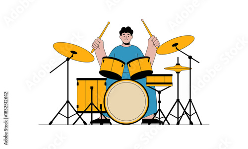 Energetic drummer playing a vibrant drum set with passion, perfect for music education, band promotions, and rhythm-focused projects originally a scalable graphic