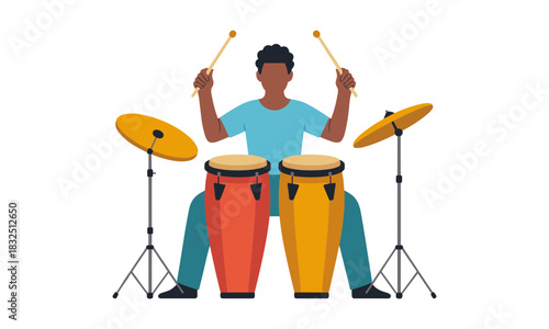Grooving percussionist playing conga drums and cymbals, celebrating rhythm and musical passion with a vibrant, energetic performance, originally created as a vector