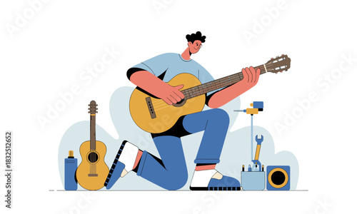 Passionate musician playing acoustic guitar with creative energy in music studio, capturing the joy of musical expression and artistic inspiration