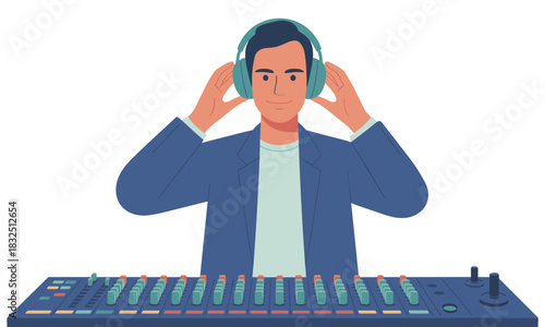 Focused musician mixing audio tracks in professional studio with modern soundboard and headphones, creating vibrant music, perfect for sound engineering promotions