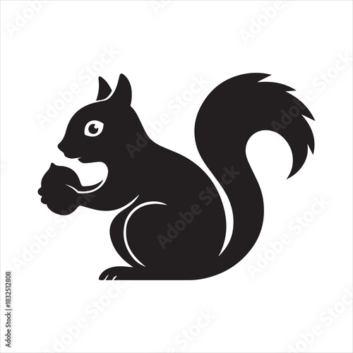 Vector art of a squirrel sitting on a branch eating an acorn hand drawn vector illustration in silhouette style