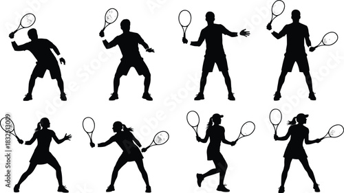 Collection of tennis players silhouettes, vector illustration set showing men and women in various poses for sports, fitness, and competition graphic design