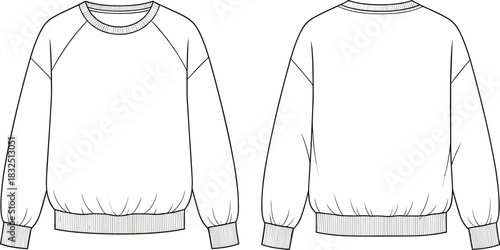 Technical CAD Drawing Flat Vector Illustration of Oversized Raglan Sleeve Sweatshirt, Mockup Fashion Template for Apparel Design