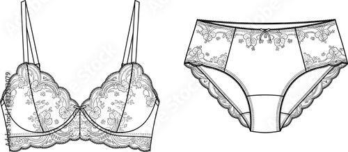 Technical CAD Drawing Flat Vector Illustration of Lace Lingerie Bra and Panties Set, Feminine Underwear Fashion Design Template