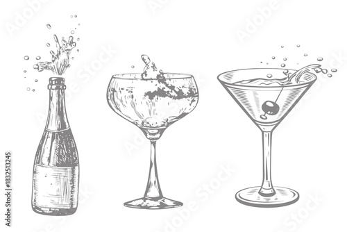 drinks engraving vector set. hand drawn engraving vector illustration vintage style. Eps 10