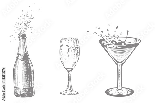 alcohol bottle and glass with splash drinks illustration. hand drawn engraving vector illustration vintage style. Eps 10