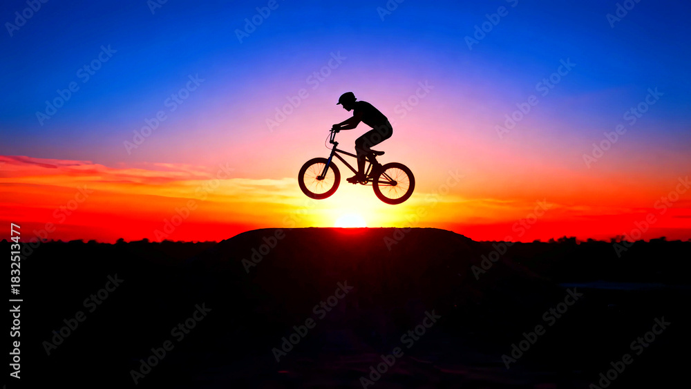 Obraz premium Bmx bike silhouette sunset jump extreme sport bicycle rider sky clouds orange red blue freedom adventure action lifestyle recreation outdoor nature challenge skill trick adrenaline speed