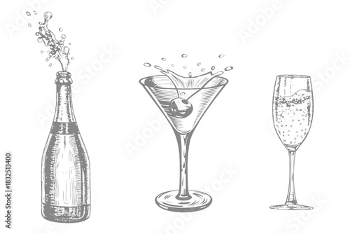 Isolated vintage style old fashioned, manhattan, martini, daiquiri illustration. alcohol bottle and glass with splash drinks. whiskey and cognac. Eps 10