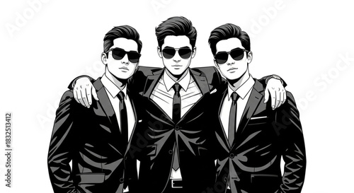 Confident Male Agents in Suits and Sunglasses Standing Together for Security or VIP Service