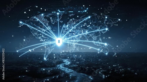 Digital globe overlaid with a data network and security shield. Abstract representation of data - Footage