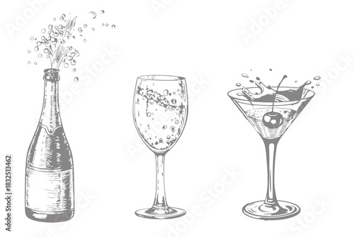 Cocktails hand drawn alcohol bottle and glass with splash vector illustration vintage style. Engraving Vodka, whiskey and cognac. Eps 10