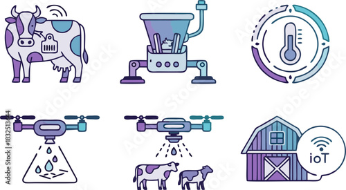 Icons depicting smart farming technologies, including drones, sensors, and automated systems.