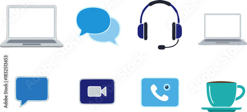Digital communication icons: laptops, chat bubbles, headset, video call, phone, coffee.