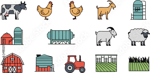 Farm animals and buildings icons: cow, chickens, goats, sheep, barn, tractor, and crops.