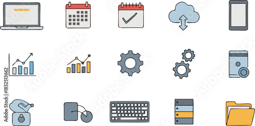 Collection of business and technology icons, including laptop, calendar, cloud, and gears.