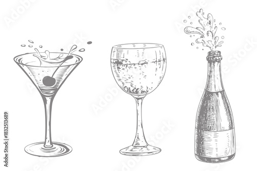 Engraving drinks alcohol bottle and glass with splash illustration. Whiskey hand draw daiquiri, old fashioned, manhattan, martini, sidecar. Eps 10