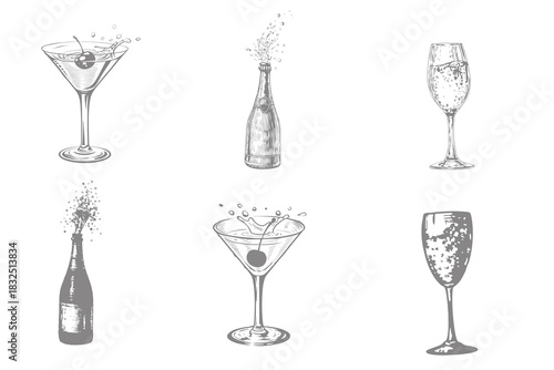 Vintage alcohol bottle and glass with splash drinks. whiskey and cognac. Isolated black and white vintage style. Vector illustration. Eps 10