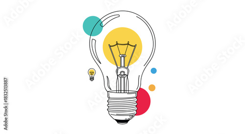 Colorful abstract dots and circles surrounding a bright idea lightbulb.