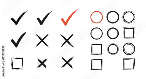 A collection of hand drawn check marks cross marks and various circles and squares symbols.