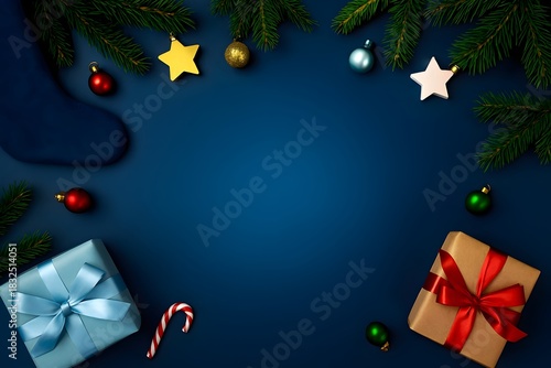 Christmas Background with Gifts, Ornaments, Pine Branches and Candy on Blue Theme