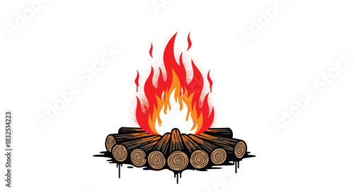 A warm campfire burns brightly with logs stacked neatly and flames reaching towards the sky.