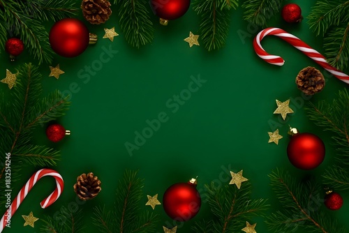 Christmas Background with Pine Branches, Ornaments, Candy Canes and Gifts on Green