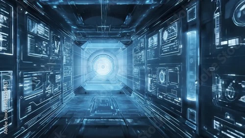 Futuristic interior. Blue-glowing cylinders in a hallway with digital interfaces - Footage