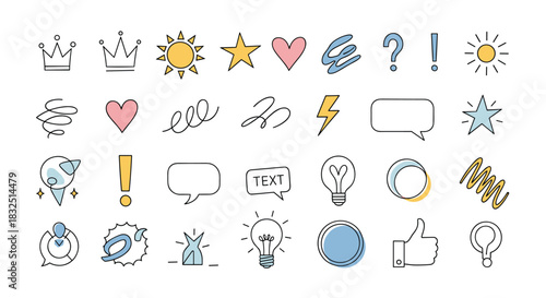A collection of hand-drawn doodle icons and symbols representing various abstract concepts and common objects.