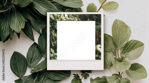 Blank instant photo surrounded by lush greenery