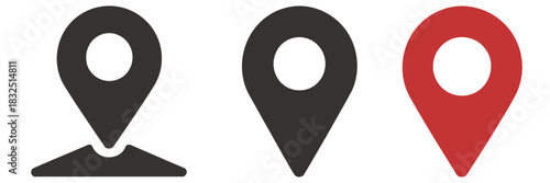 Location Icon Map Pin Set: Outline, Black, and Red Styles Vector.
