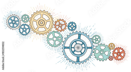 An intricate assembly of interlocking gears creating a dynamic and complex mechanical pattern.