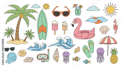 A vibrant collection of beach and summer holiday icons including a palm tree surfboard sunglasses and more.